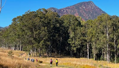 Ladies Trekking group with Mt Barney in background