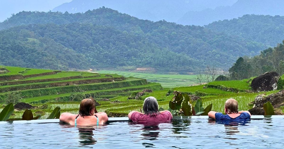 Looking at ricefields from the pool in Vietnam