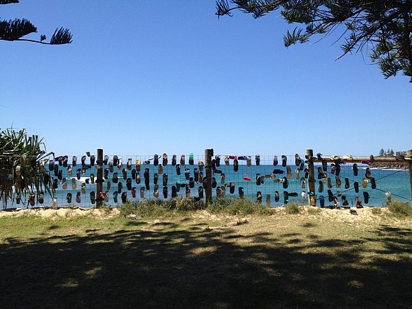 Hundreds of thongs hung up on the fence near the northern end of Moffat Beach